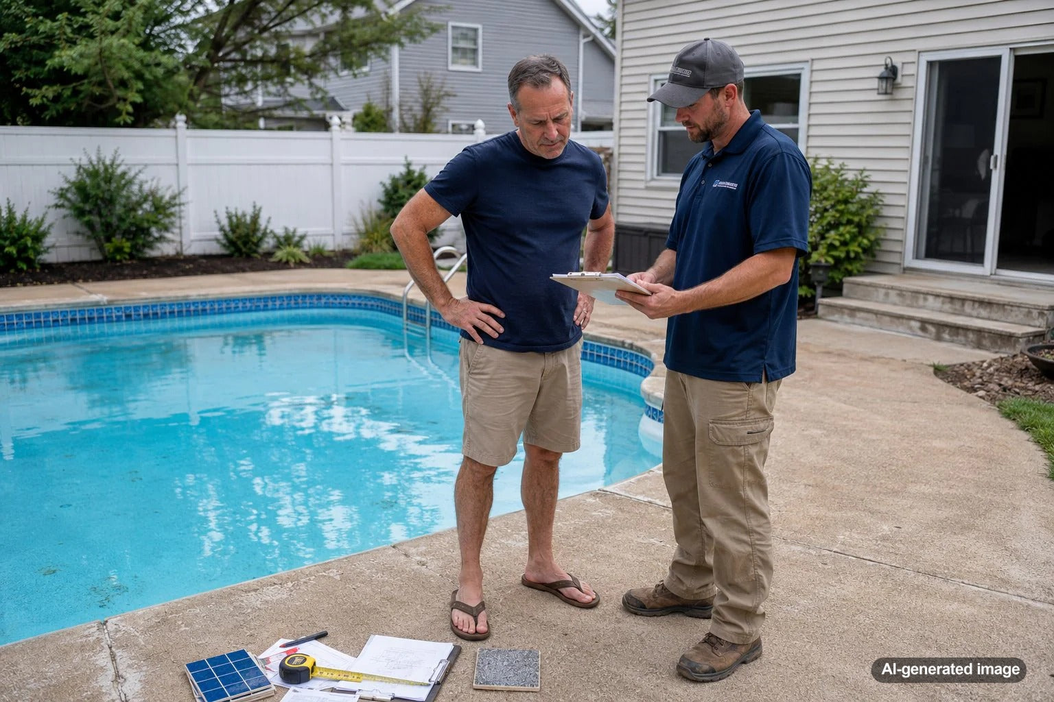 Pool renovation contractor estimate paperwork beside a backyard swimming pool under review by a homeowner