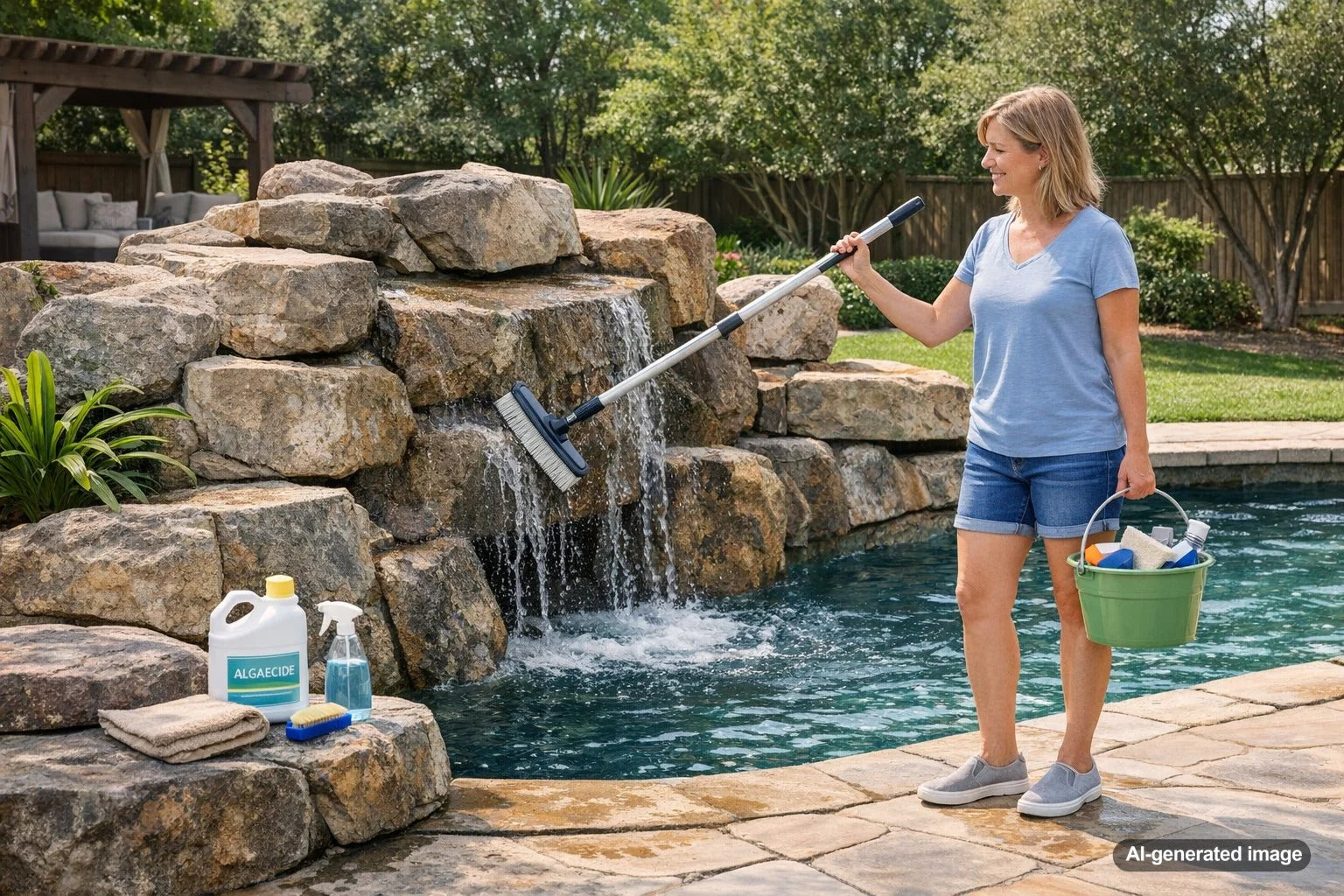 Pool rock feature with flowing water and clean stone surfaces for swimming pool maintenance