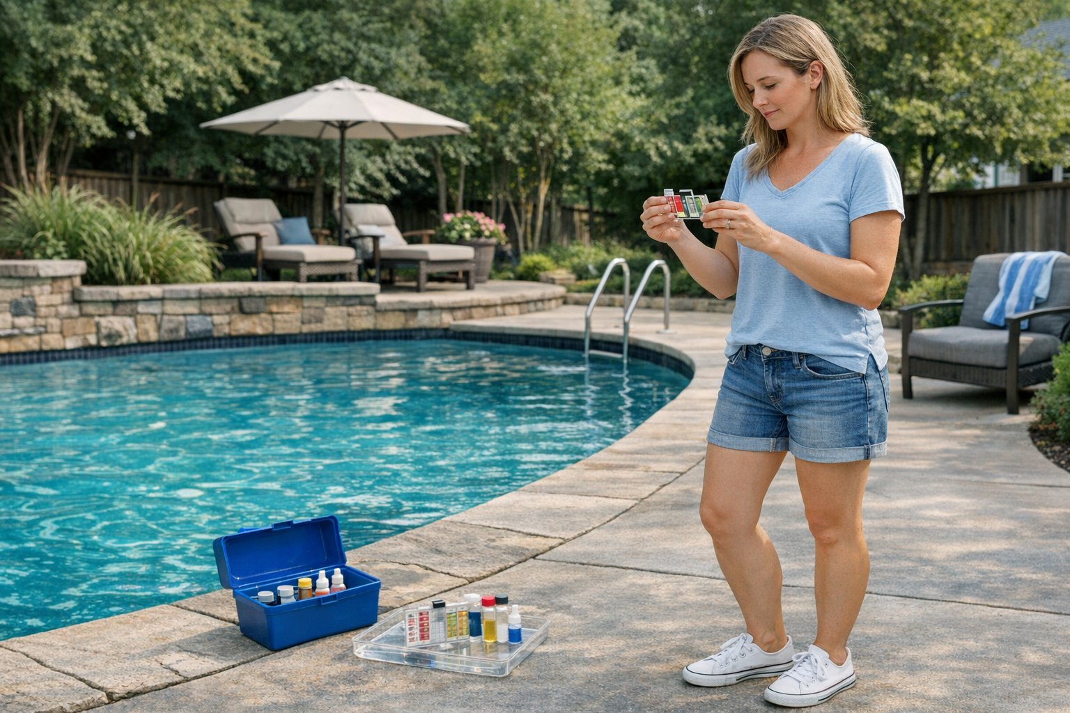 Homeowner checking a backyard pool safety inspection checklist near a fenced swimming pool