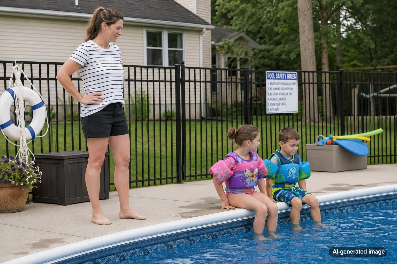 Children near a backyard swimming pool with clear safety rules for visiting non-swimmers