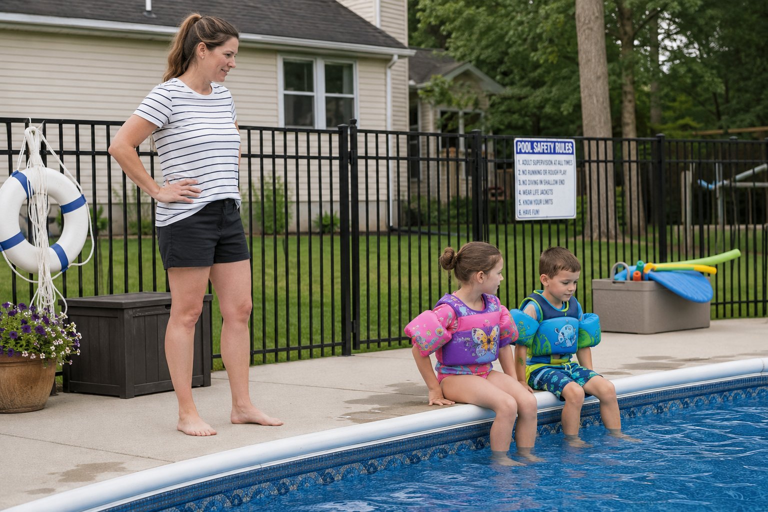 Children near a backyard swimming pool with clear safety rules for visiting non-swimmers