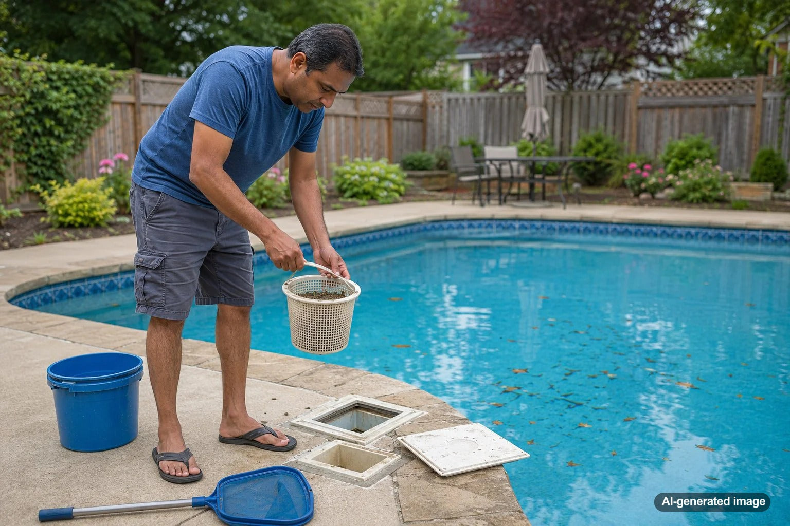 Pool skimmer opening with floating debris showing what homeowners should check when a skimmer is not pulling leaves and surface debris