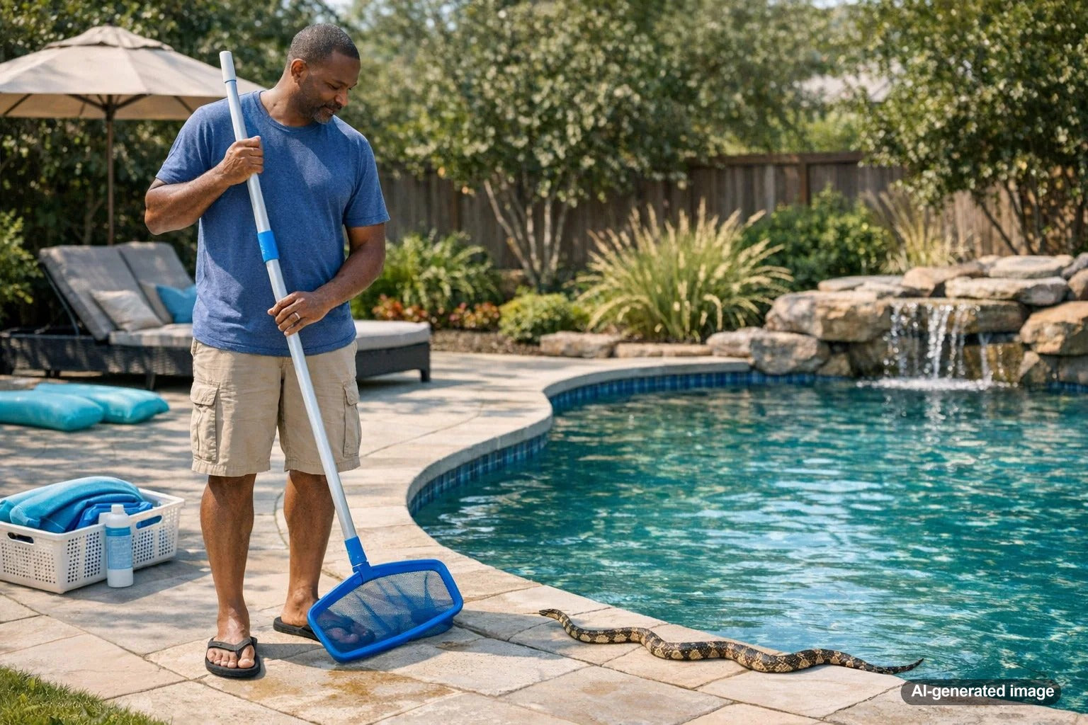 Backyard swimming pool with clean deck and landscaping maintained to help prevent snakes near the pool area