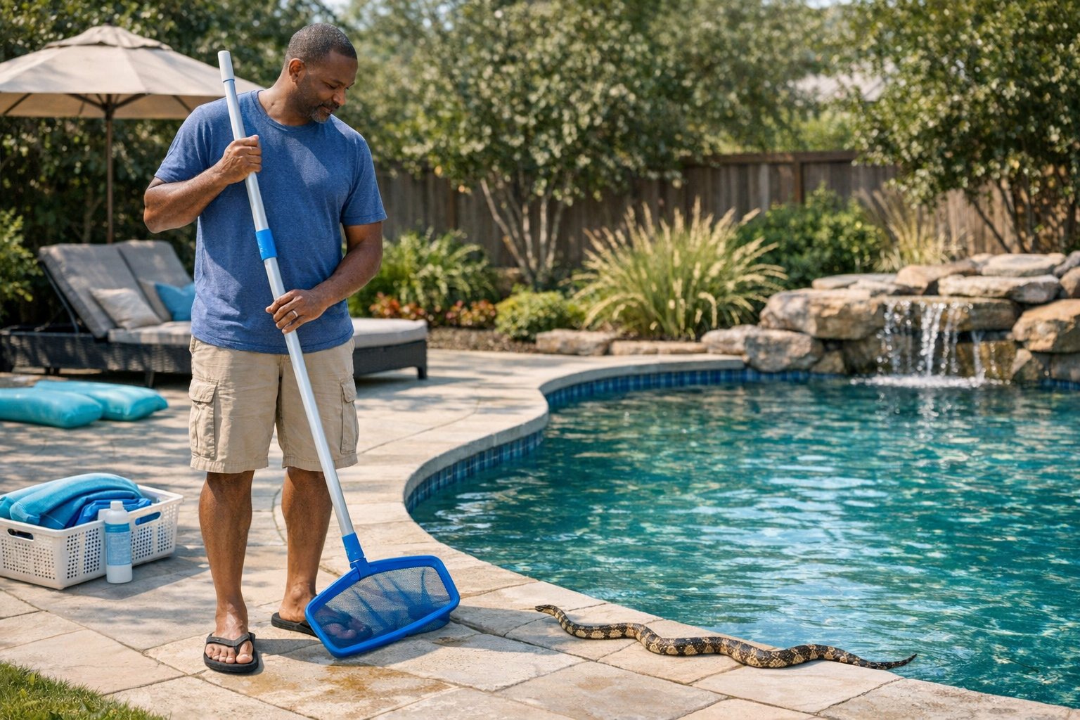 Backyard swimming pool with clean deck and landscaping maintained to help prevent snakes near the pool area