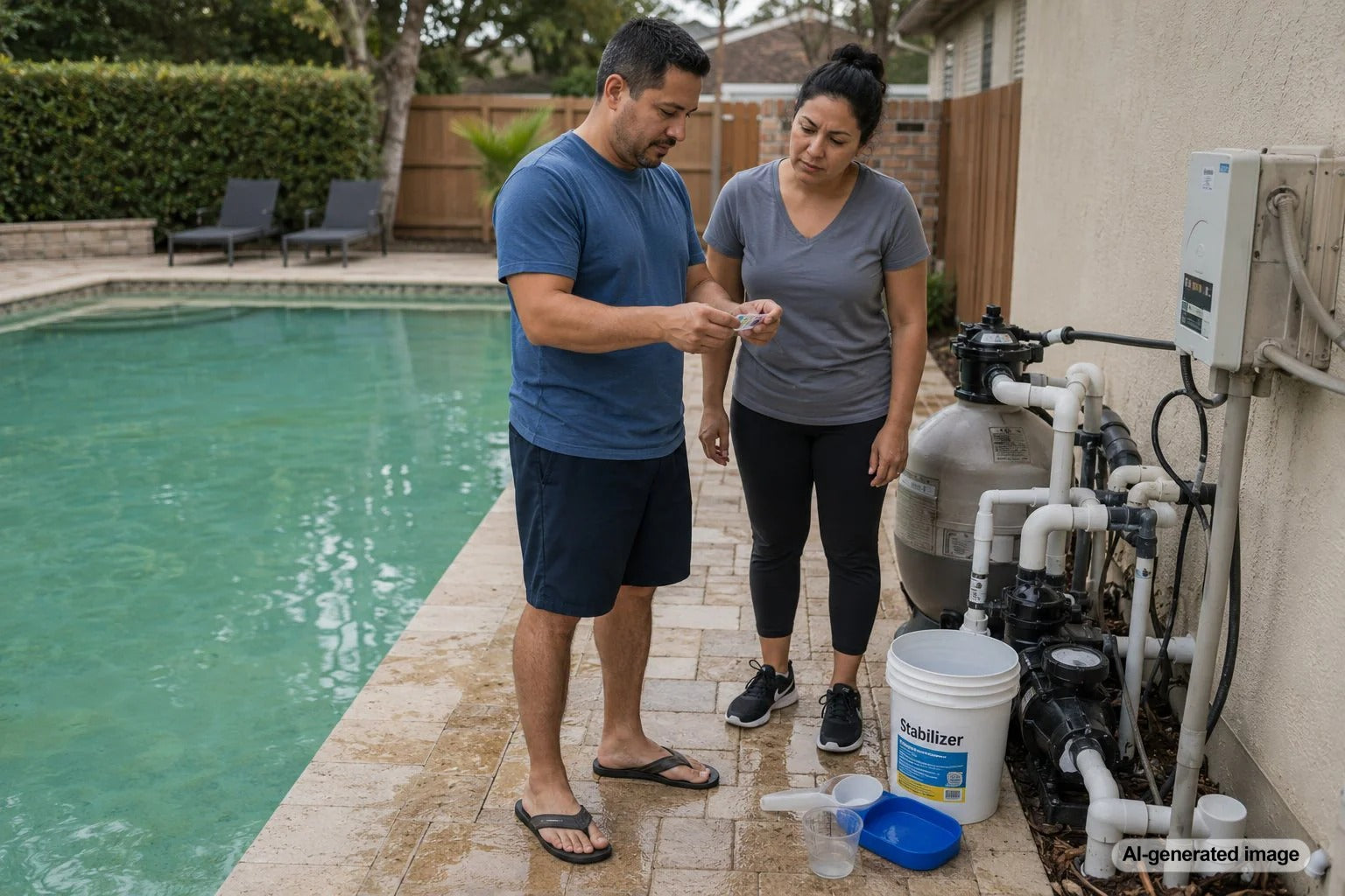 Pool stabilizer mistakes causing cloudy water and algae growth in a backyard swimming pool