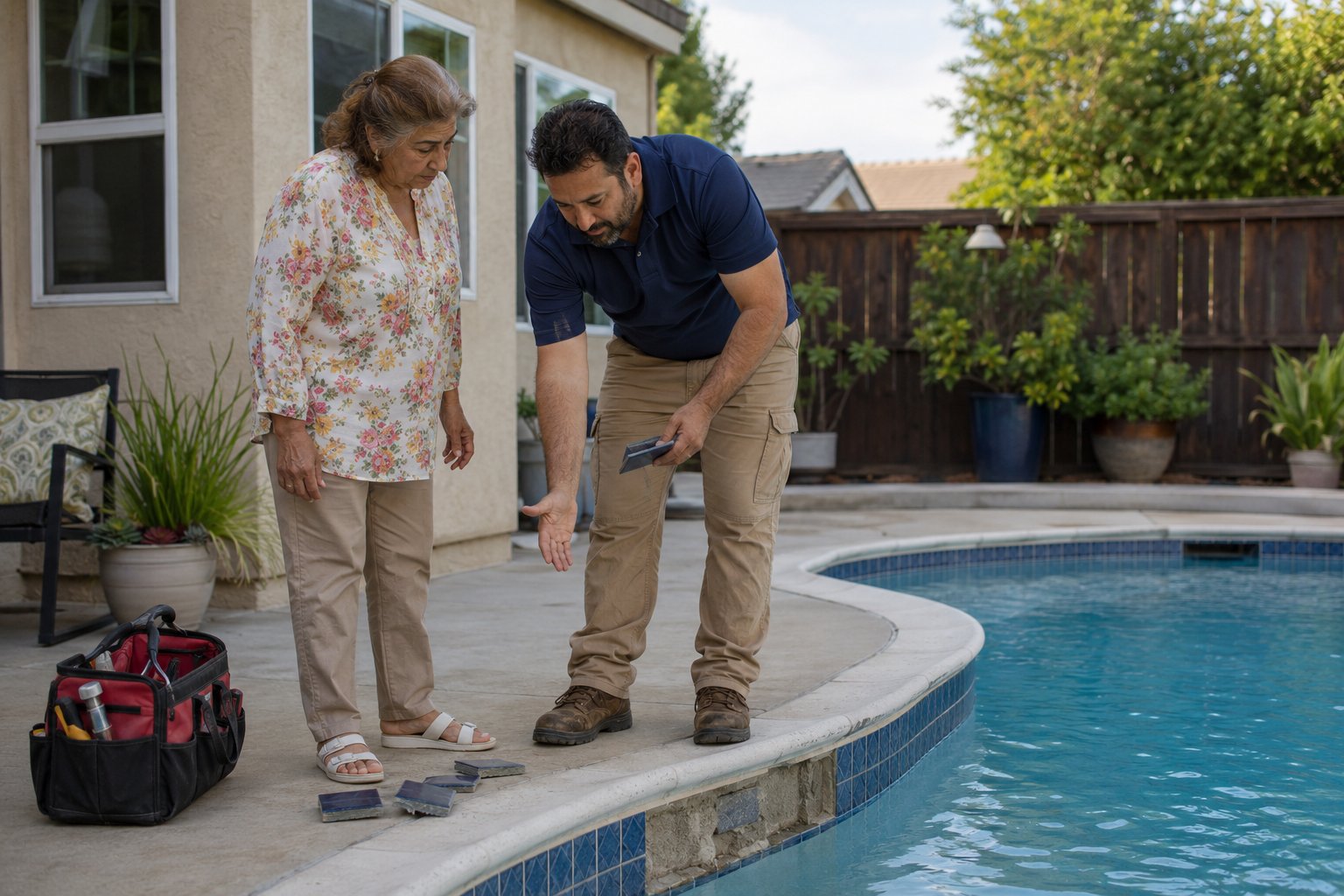 Loose and detached pool waterline tiles showing signs of structural stress and moisture-related damage