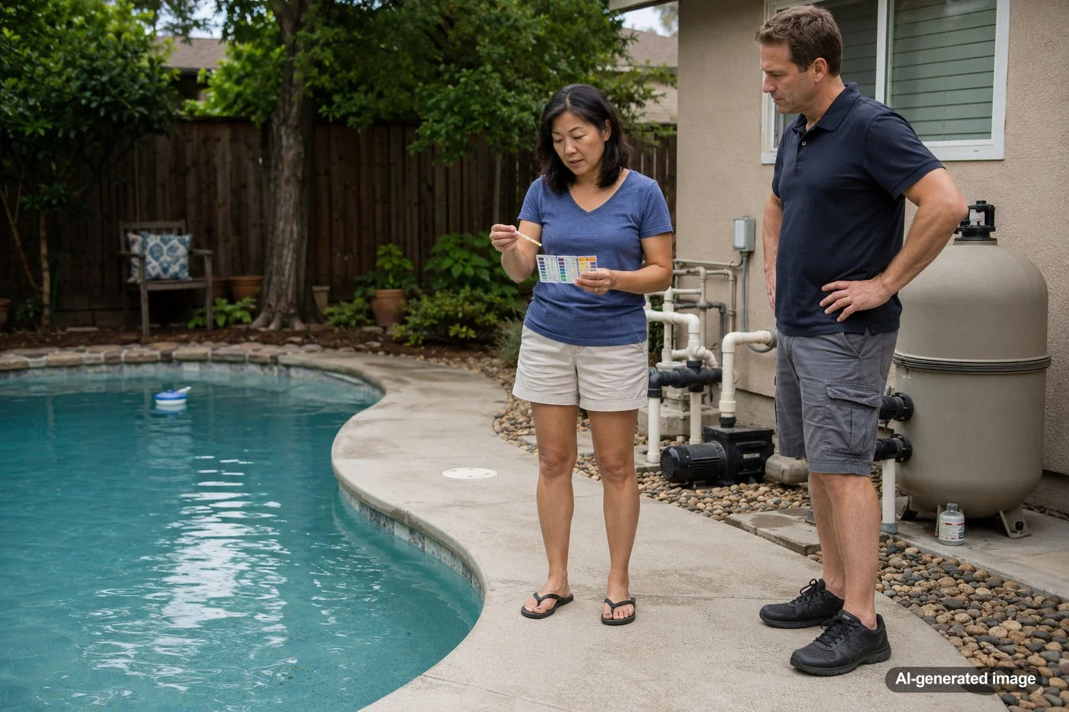 Pool water with an oily surface film and slick residue