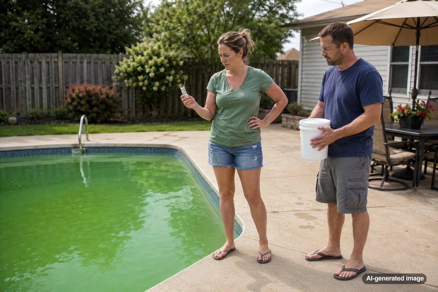 Green swimming pool water after chlorine treatment with pool care testing supplies nearby