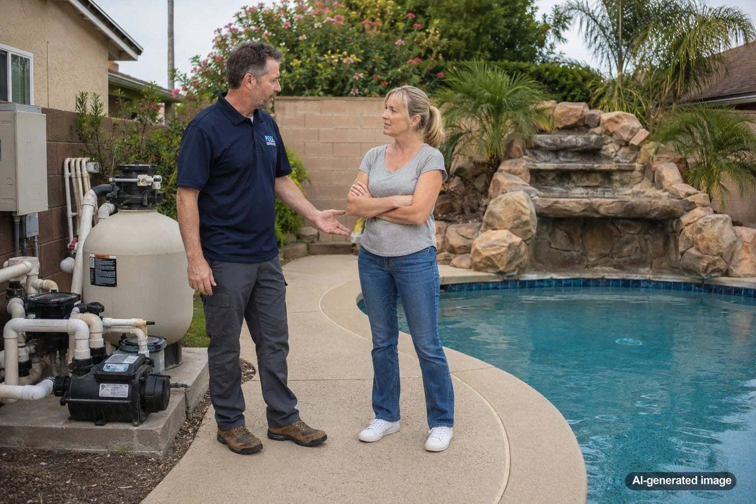 Residential pool waterfall with pump equipment being inspected after the water feature stopped flowing
