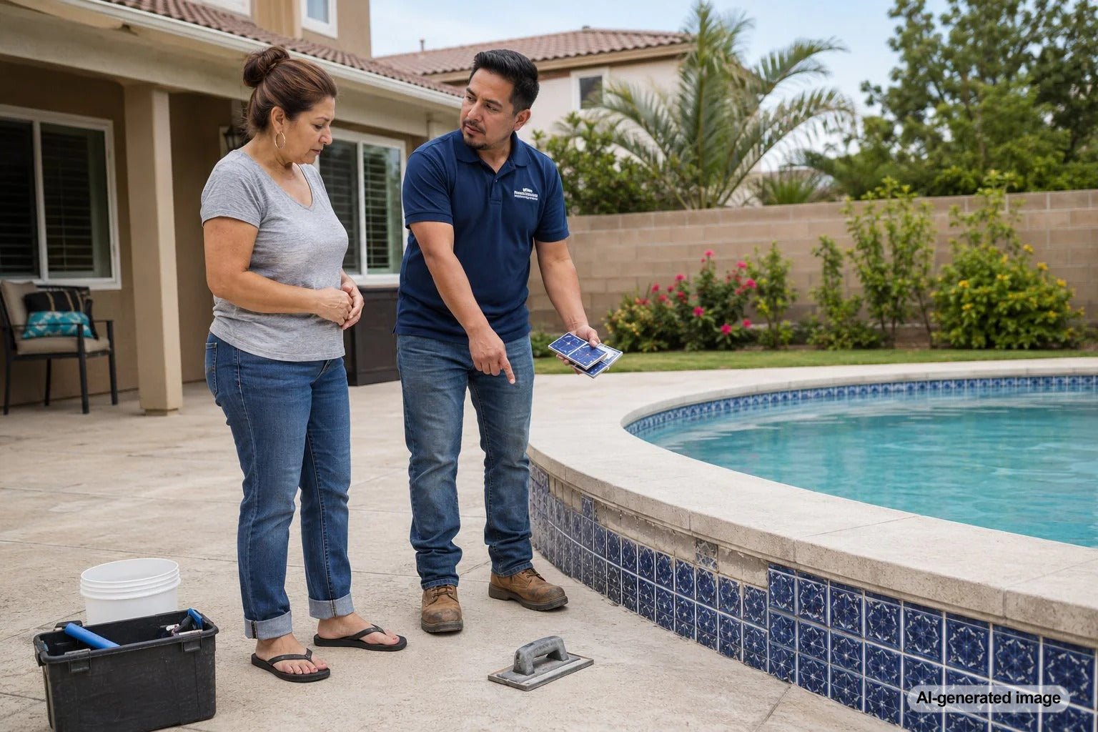 Pool waterline tile replacement cost guide showing a clean swimming pool tile line