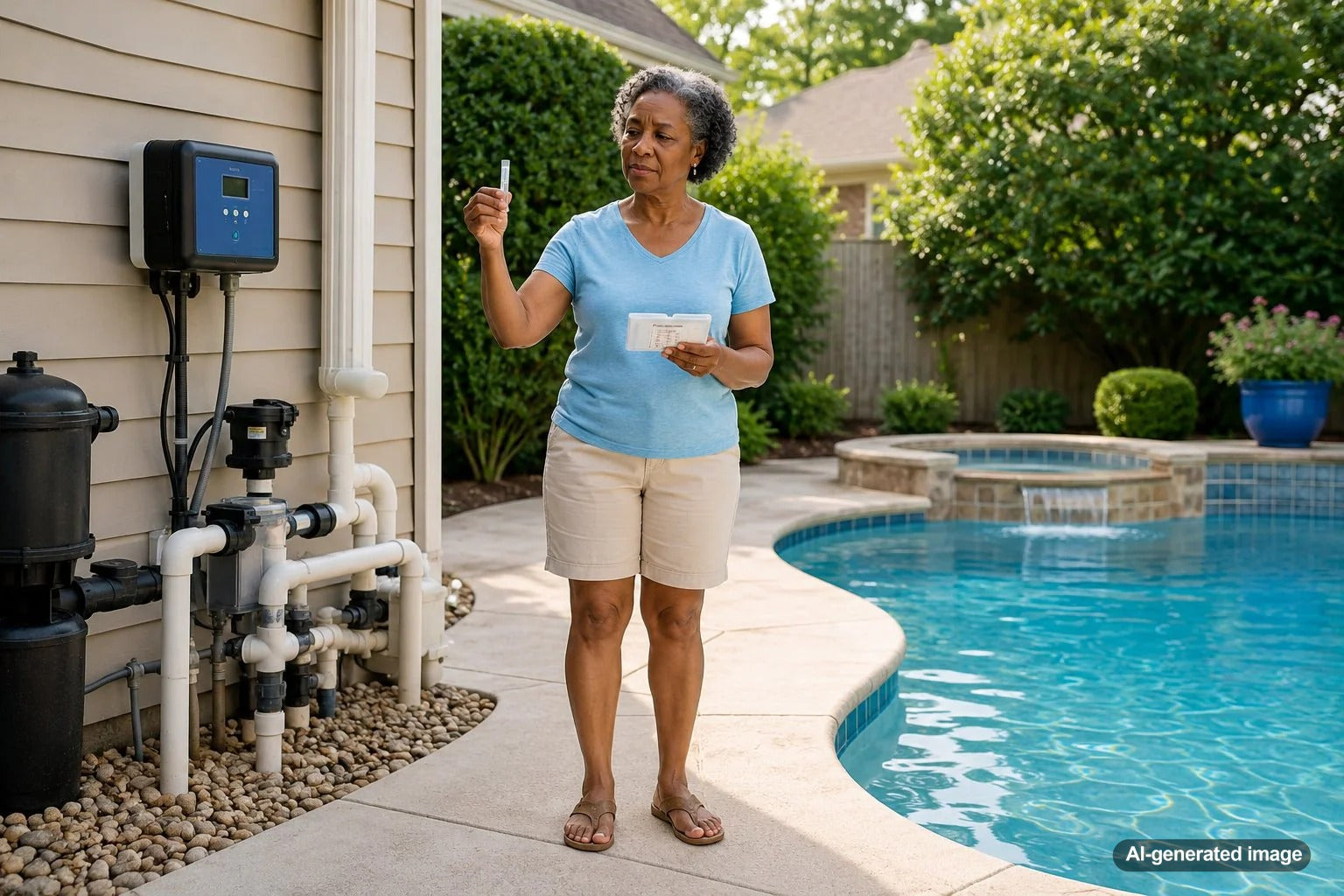 Saltwater pool equipment showing a low salt warning while pool water tests normal