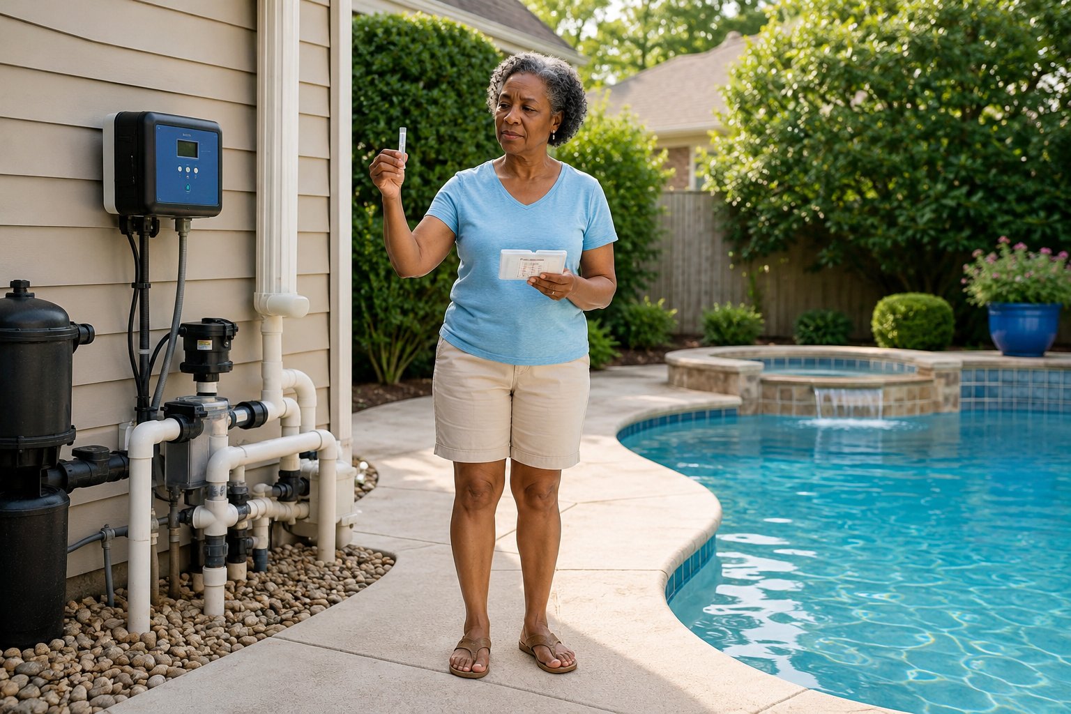 Saltwater pool equipment showing a low salt warning while pool water tests normal