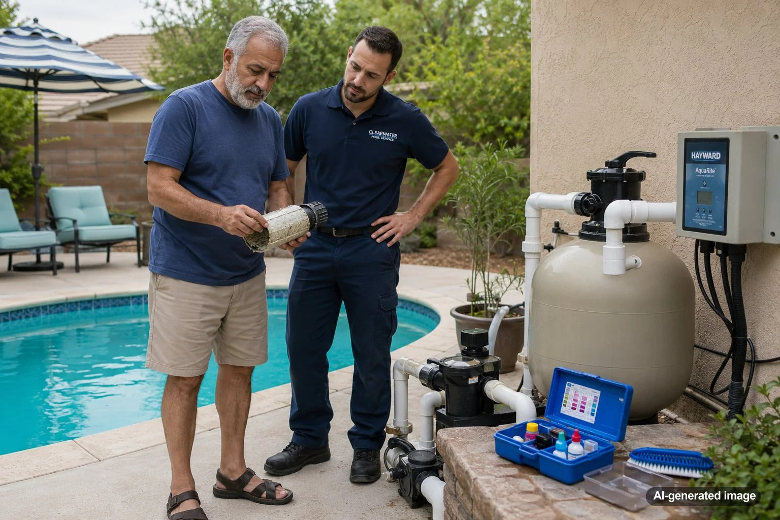 Saltwater pool salt cell with calcium scale buildup and early warning signs before failure