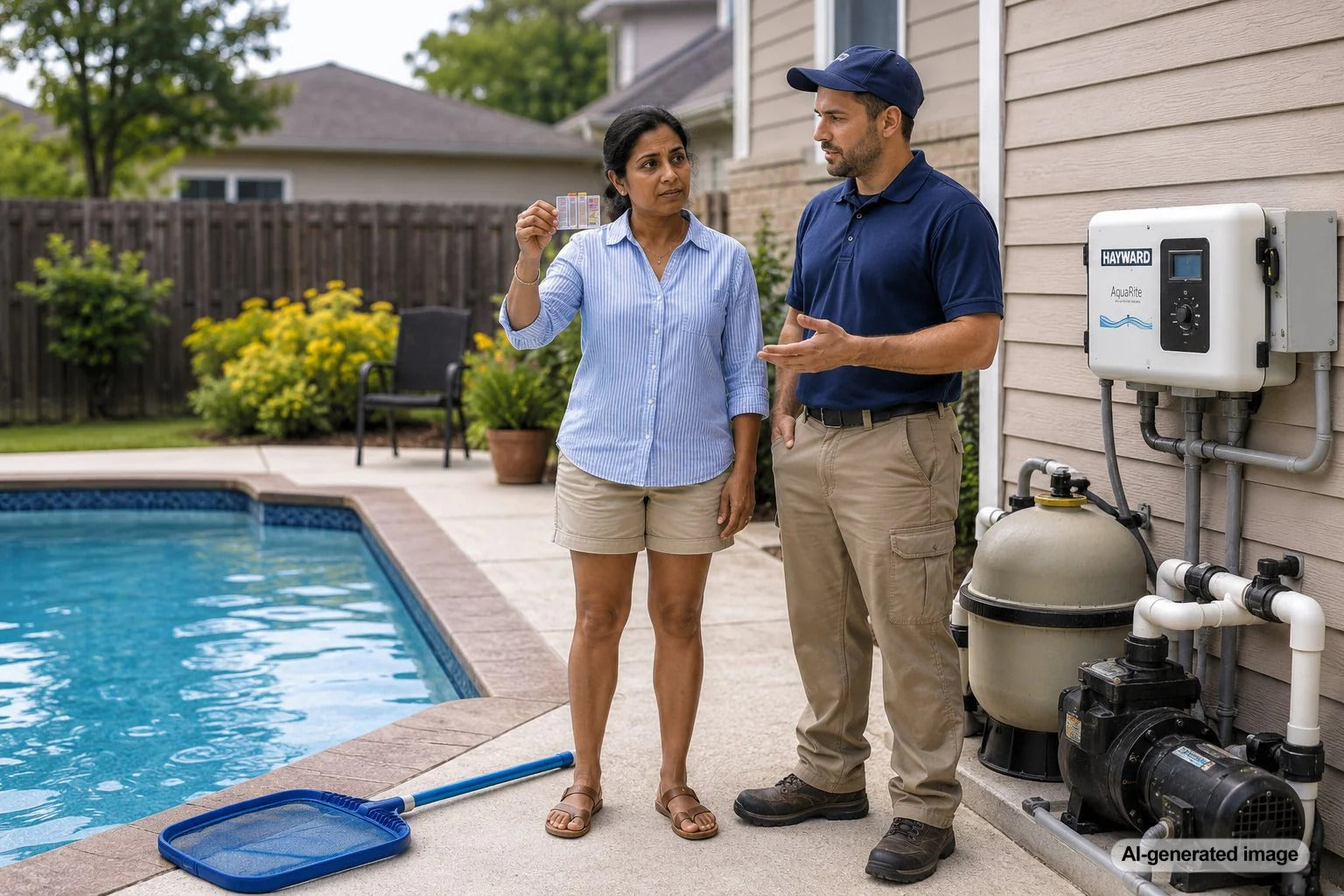 Saltwater pool maintenance setup with clean water and pool care tools near a backyard swimming pool
