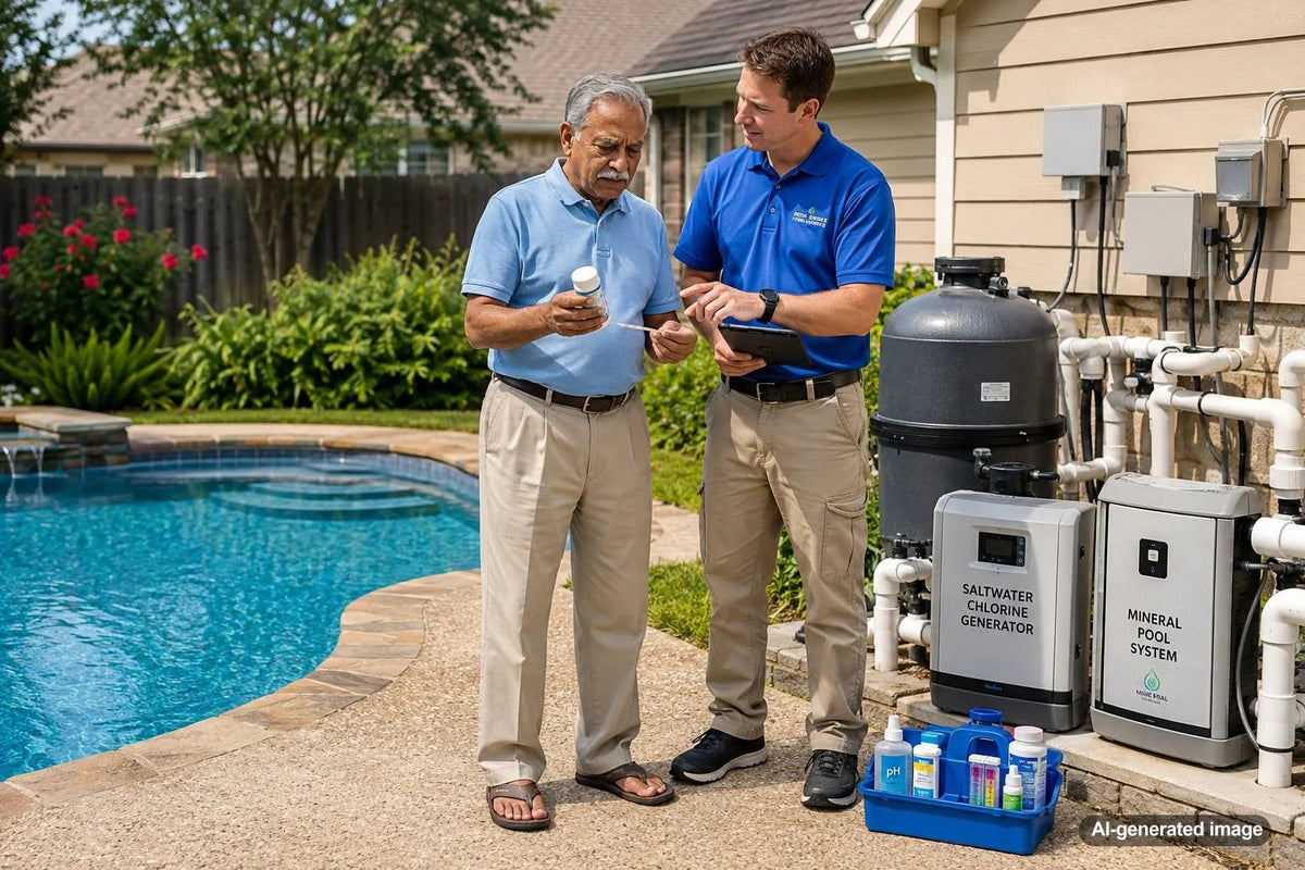Residential swimming pool comparing saltwater and mineral pool sanitation systems