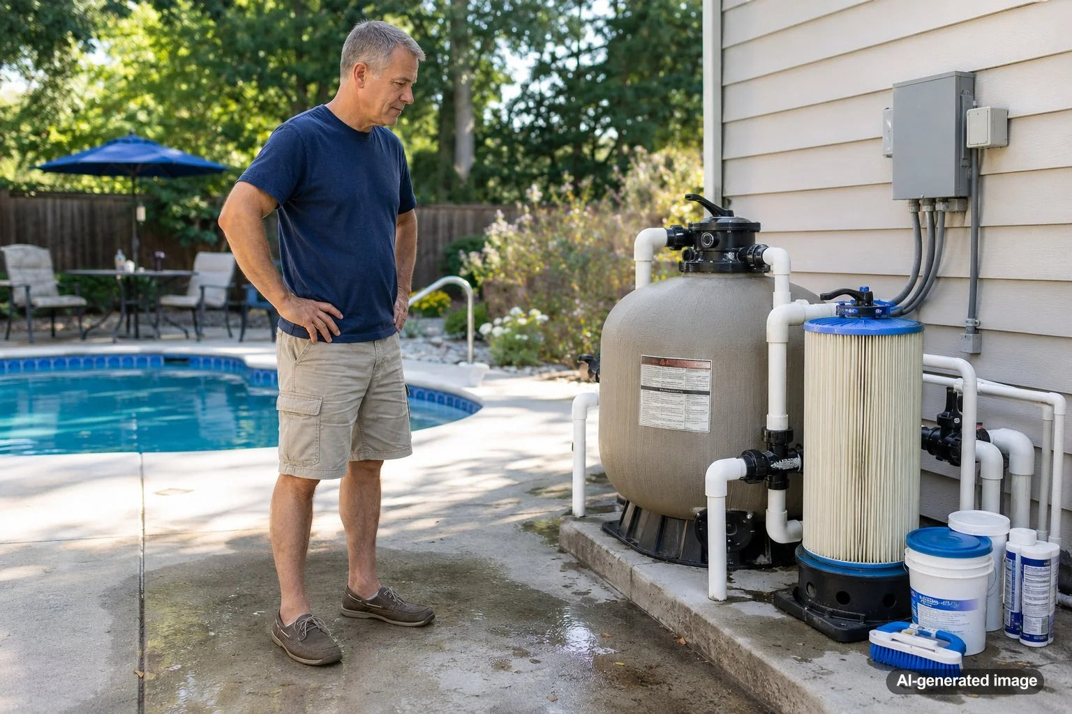 Residential swimming pool filtration equipment illustrating sand filter versus cartridge filter maintenance