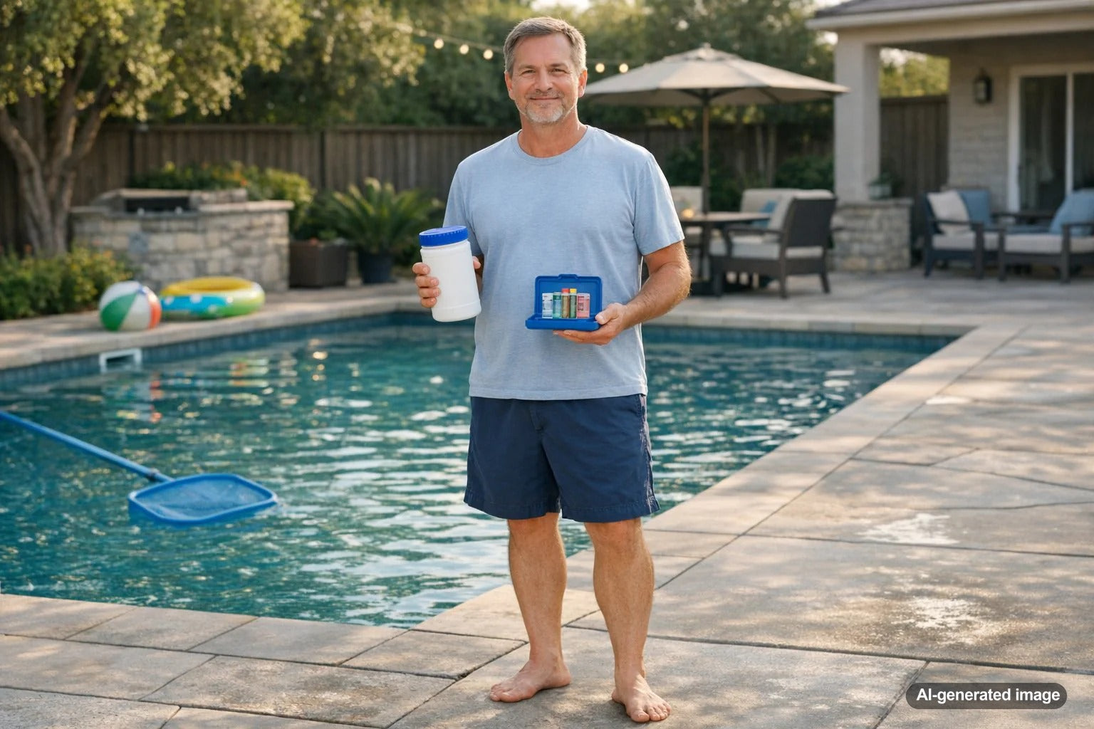 Pool water after a backyard swim party with floats and sunlight, illustrating whether a pool should be shocked after heavy use