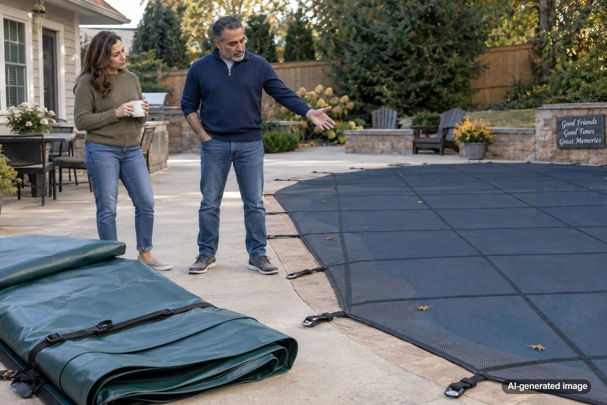 Solid and mesh safety pool covers compared on a residential swimming pool