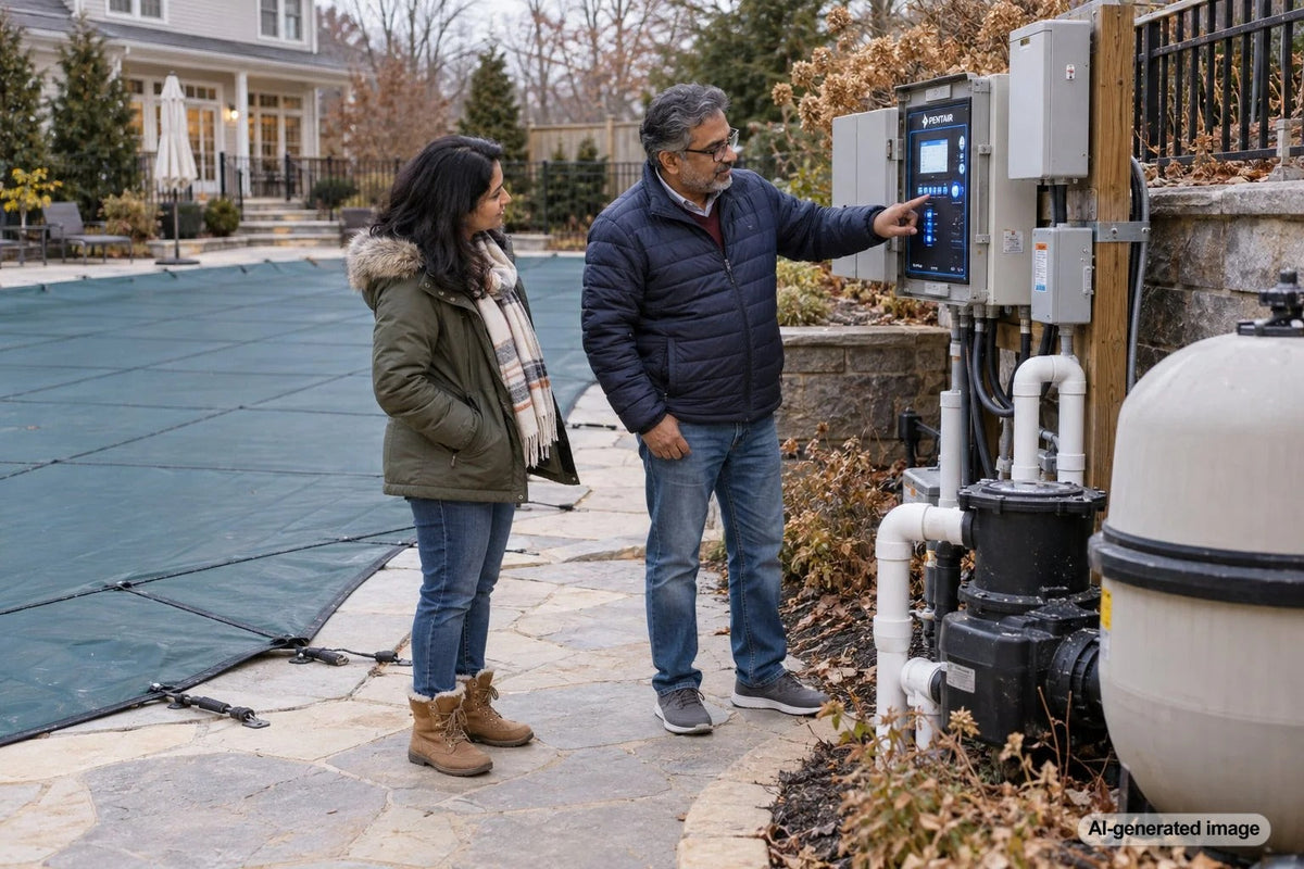 Pool automation control panel at an outdoor swimming pool equipment pad after winter closing