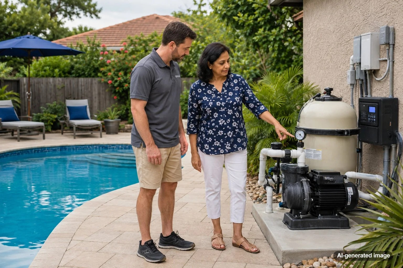 Pool filter pressure gauge and variable-speed pool pump equipment showing changing filtration pressure