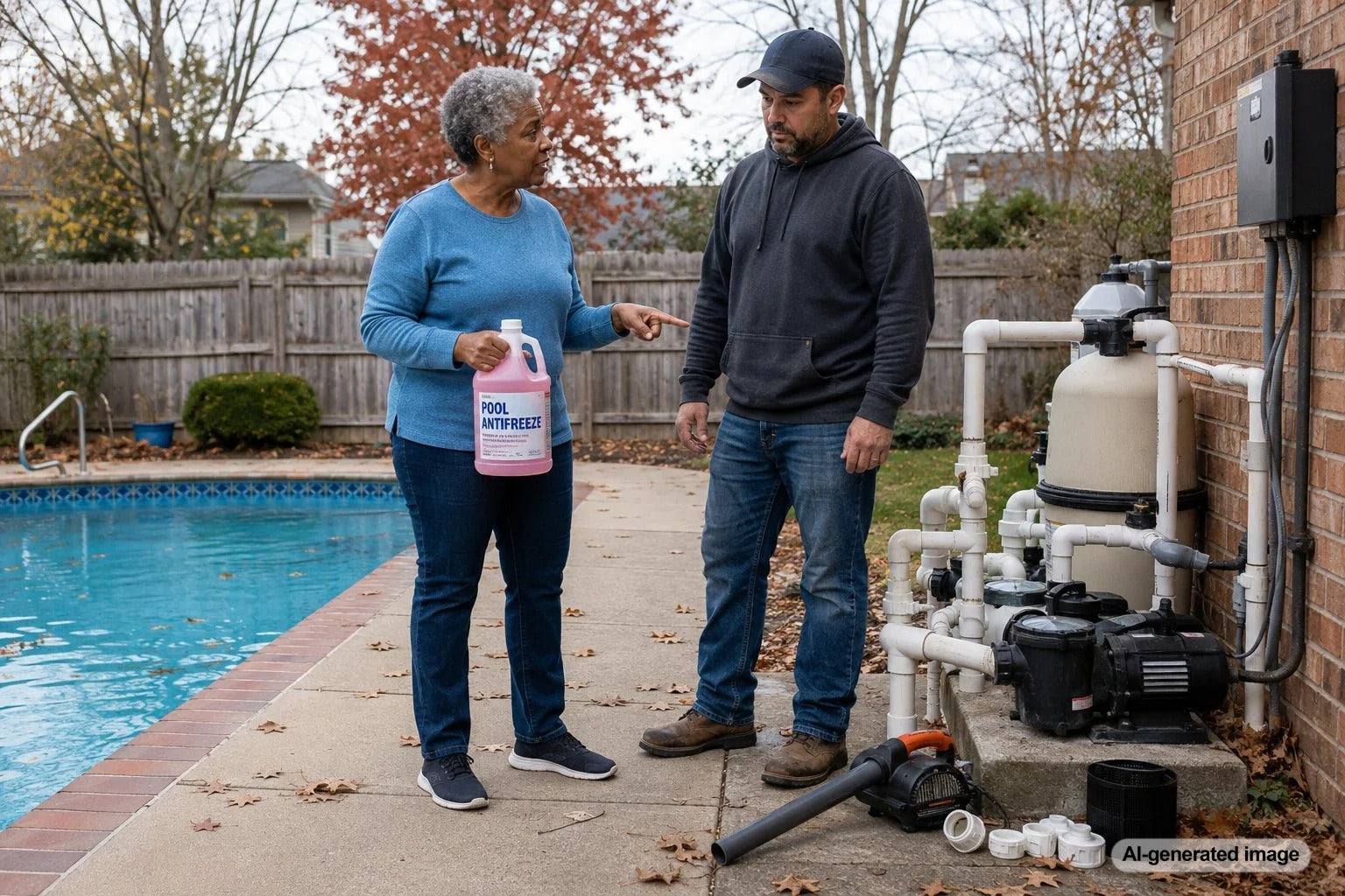 Pool plumbing and equipment being prepared with pool-safe antifreeze for winter freeze protection