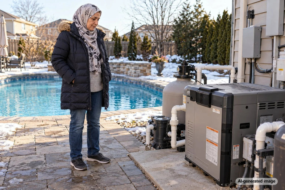 Pool heater and equipment prepared for winter shutdown beside a residential swimming pool