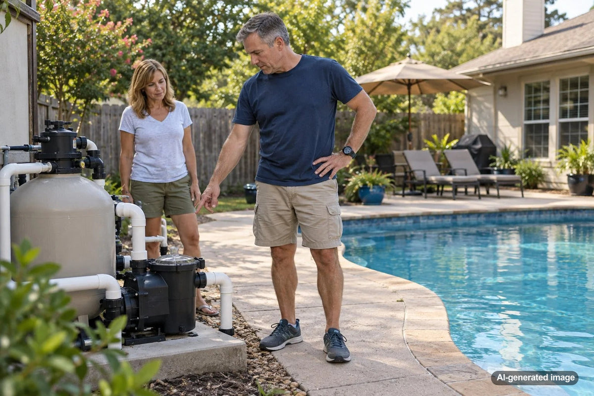 Pool pump and filtration equipment being checked before deciding whether a pool leak test is needed