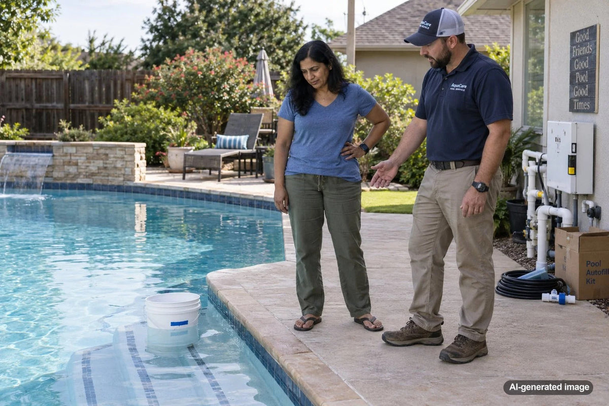 Pool owner checking the water level before installing an automatic pool filler