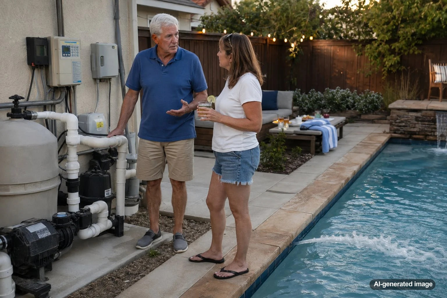 Backyard swimming pool with return jets running during a pool party