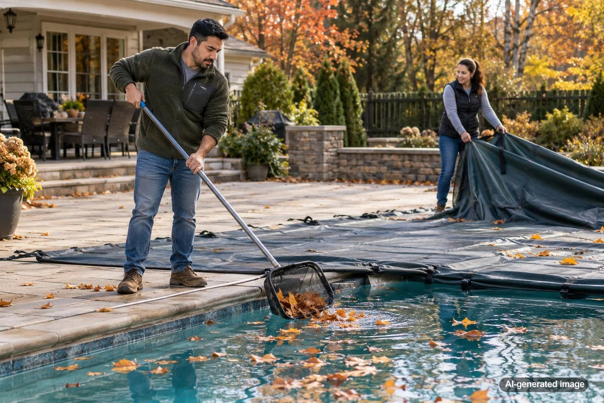 Pool being cleaned of fallen leaves before installation of a winter cover