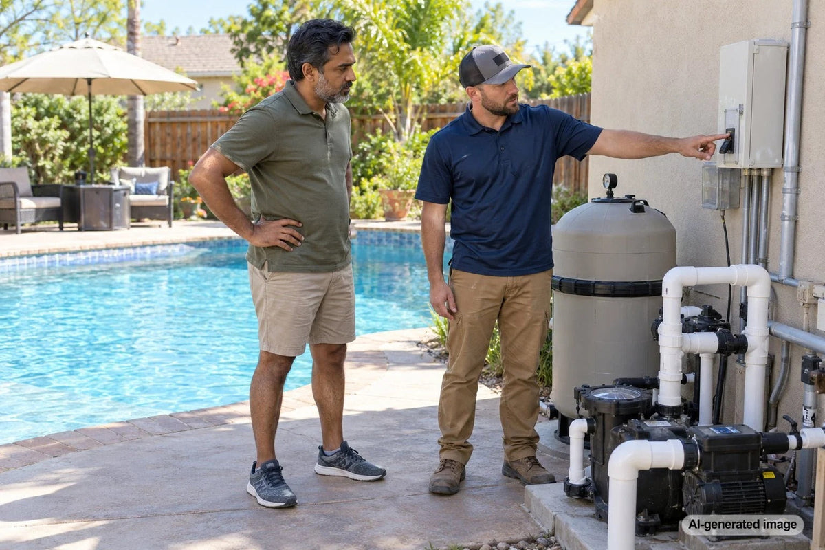 Swimming pool equipment and circulation pump beside a residential pool during preparation for pool leak testing