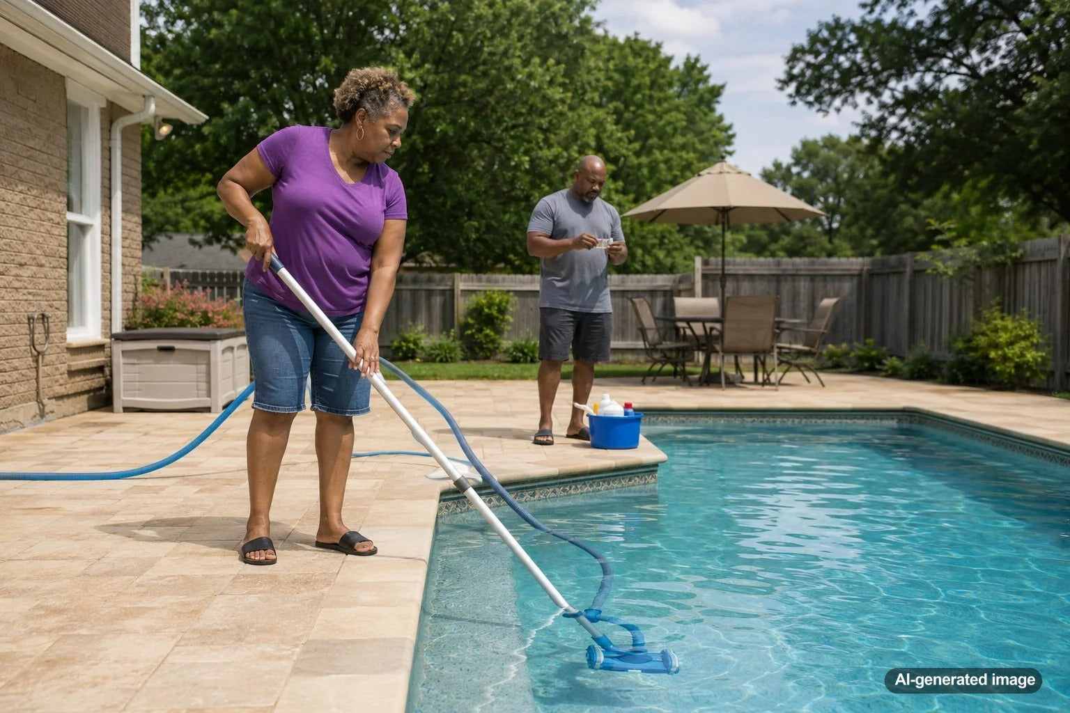 Pool owner vacuuming debris before testing and adding pool chemicals