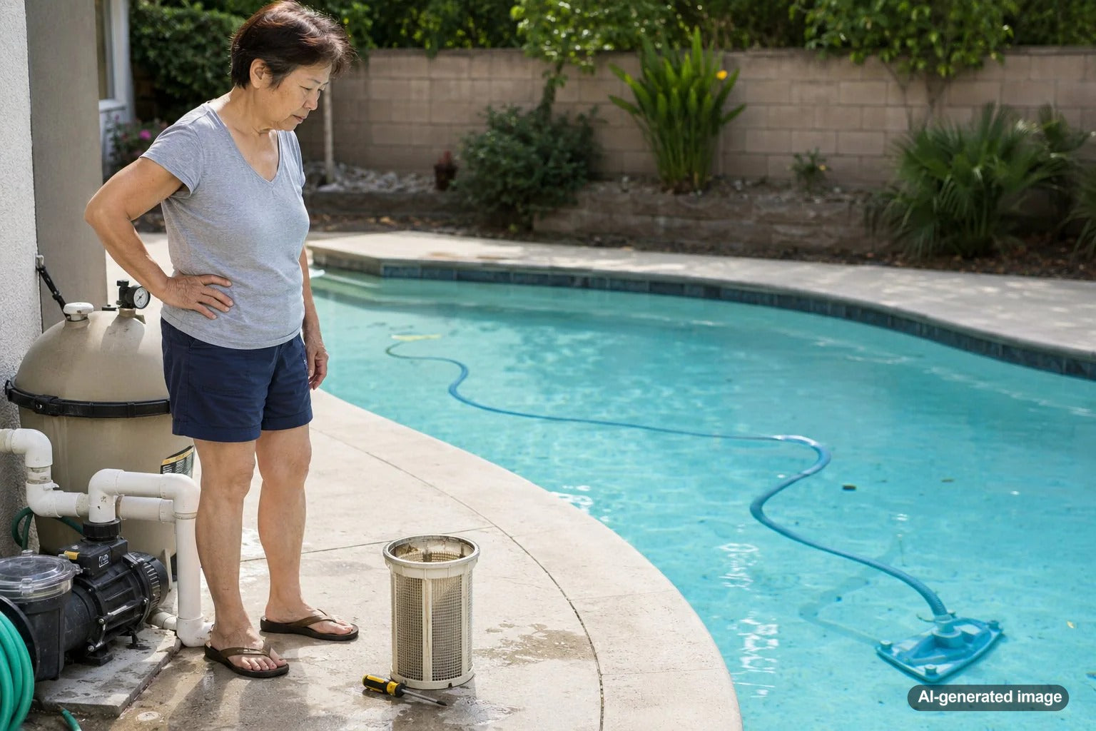 Suction pool cleaner moving slowly across a swimming pool floor while a homeowner checks possible flow and hose issues