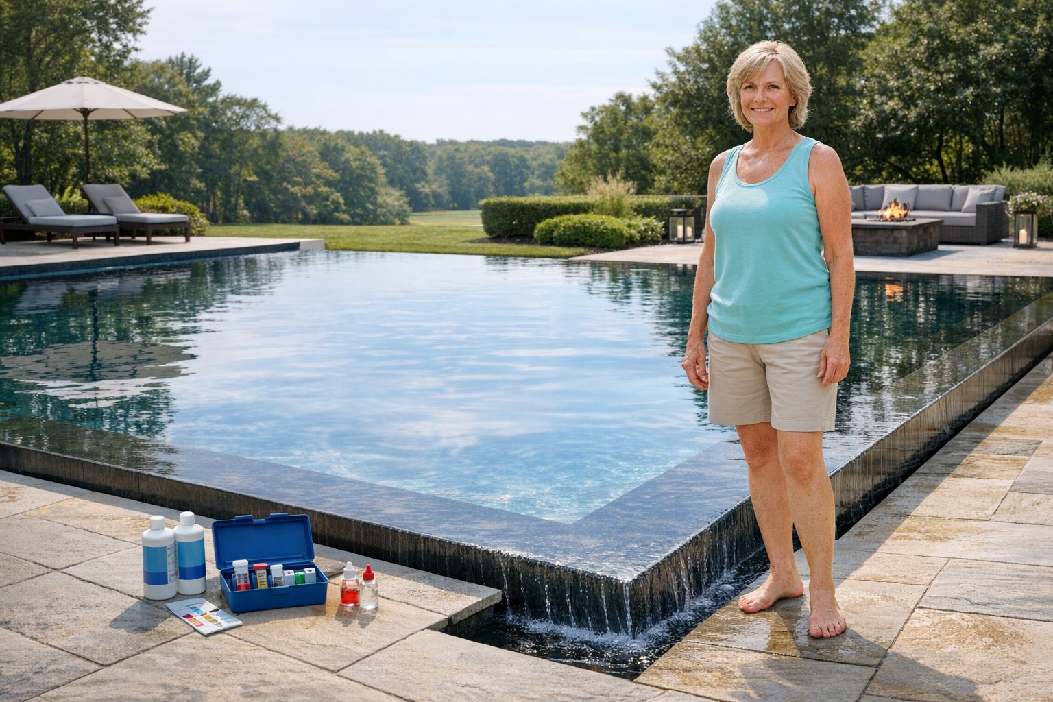 Modern perimeter overflow pool with seamless water edges reflecting surrounding landscape