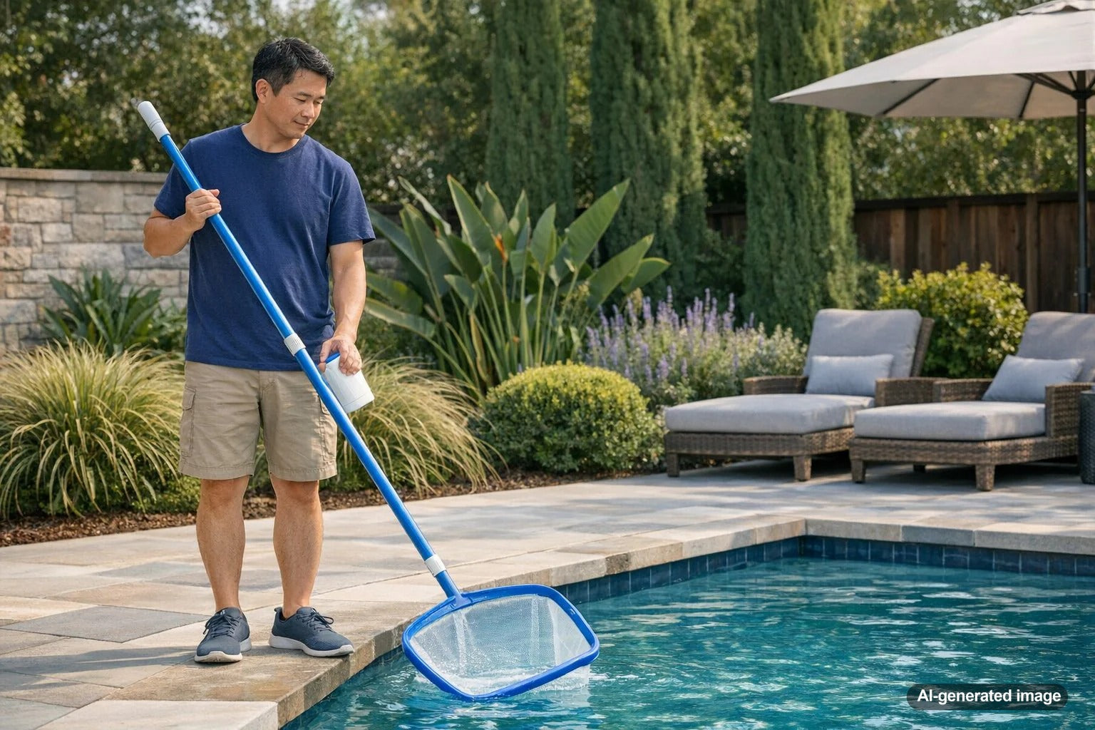 Low-maintenance poolside landscaping with tidy plants that help reduce leaves and debris in a backyard swimming pool