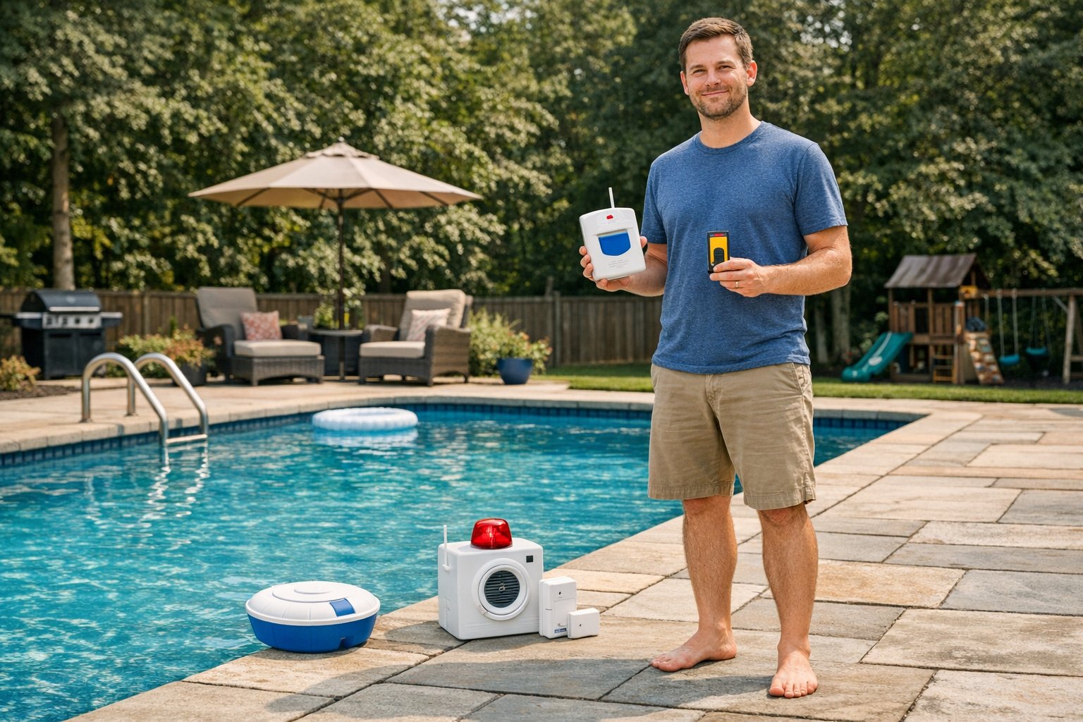 Pool alarm system beside a backyard swimming pool for practical residential pool safety