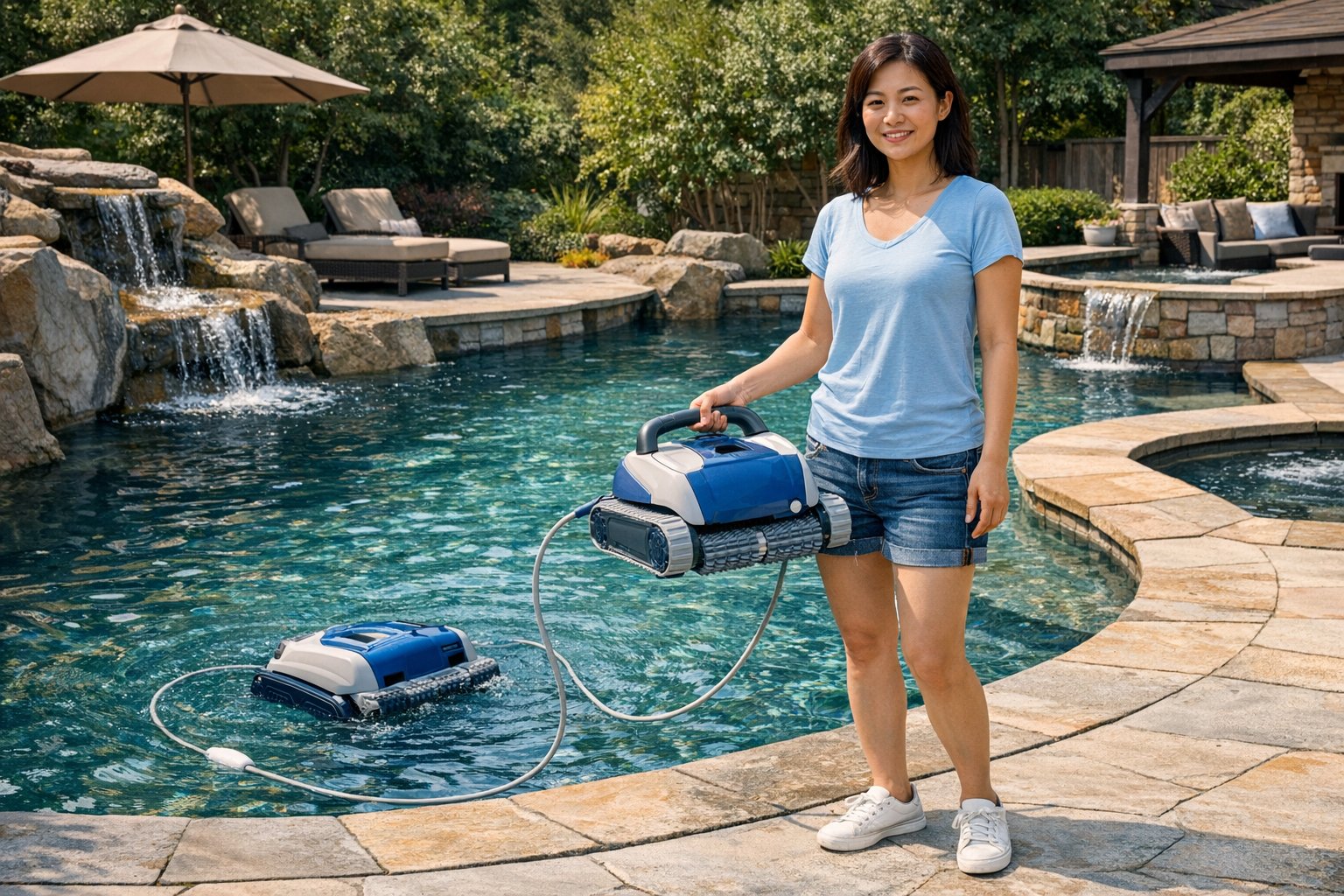 Robotic pool cleaner working in a swimming pool with curves, steps, and built-in features