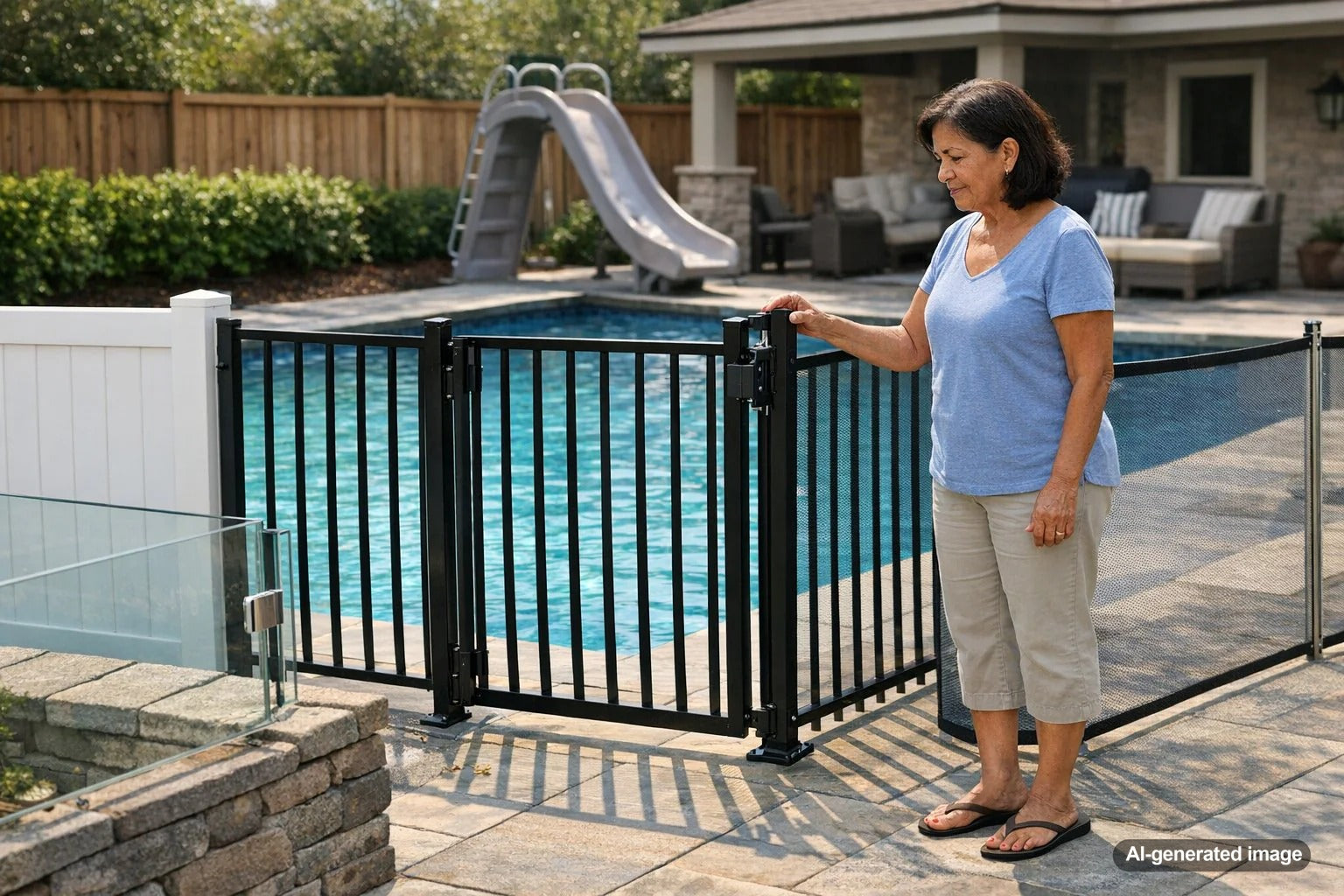 Different types of code-compliant pool fences around a residential backyard swimming pool