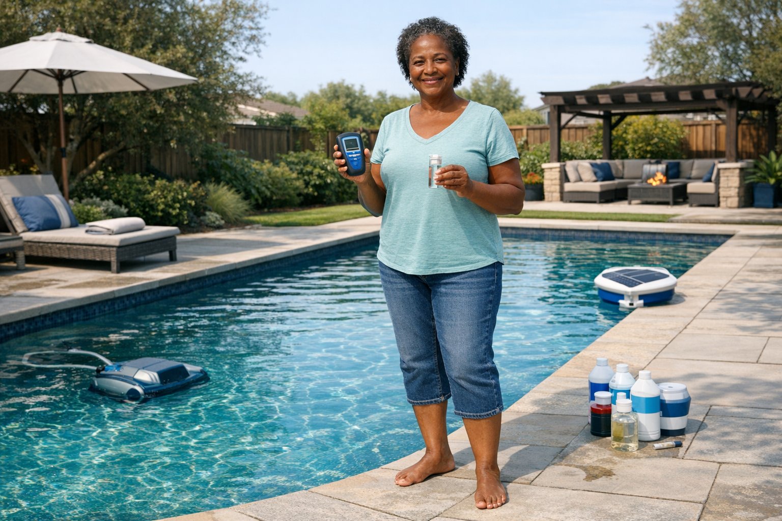 Smart residential swimming pool with modern automation, lighting, and connected pool equipment technology