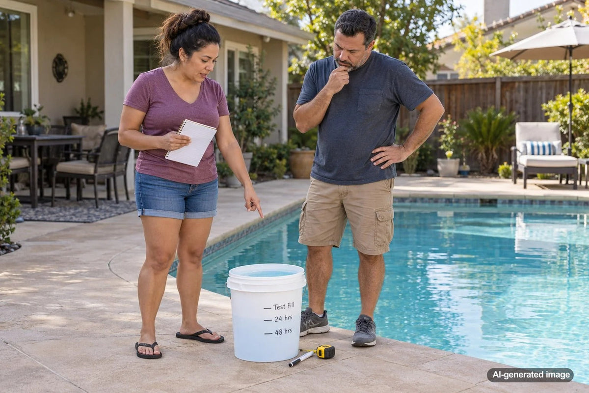Pool owner checking water levels during a bucket test for evaporation and possible pool water loss