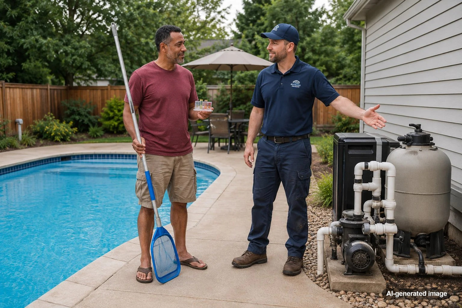 Pool owner deciding whether to handle pool maintenance or call a professional for repair help