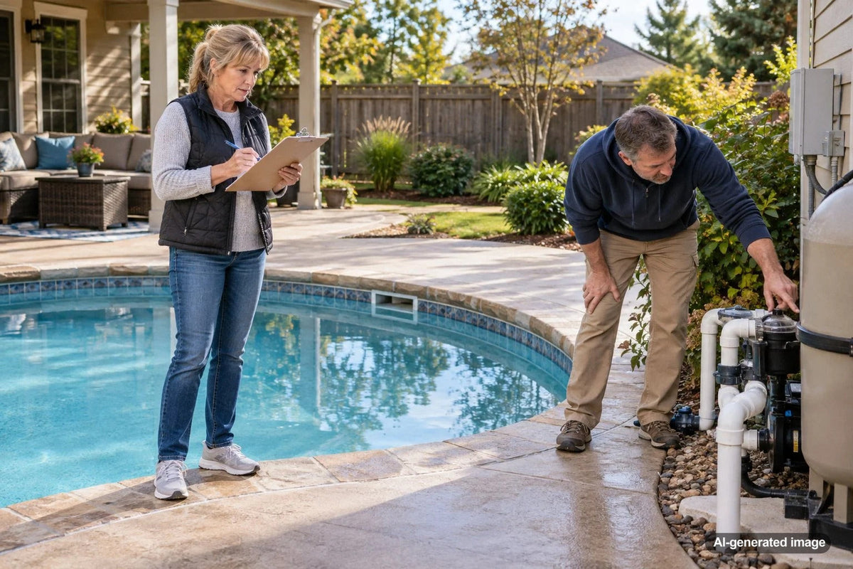 Residential swimming pool and surrounding deck being inspected for signs of water loss and potential leaks before a home purchase closing