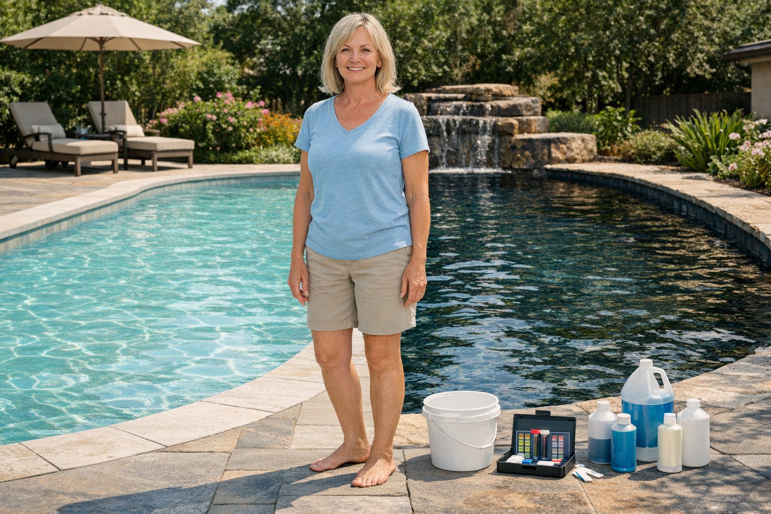 Dark and light pool plaster finishes shown side by side to compare water color, appearance, and maintenance considerations