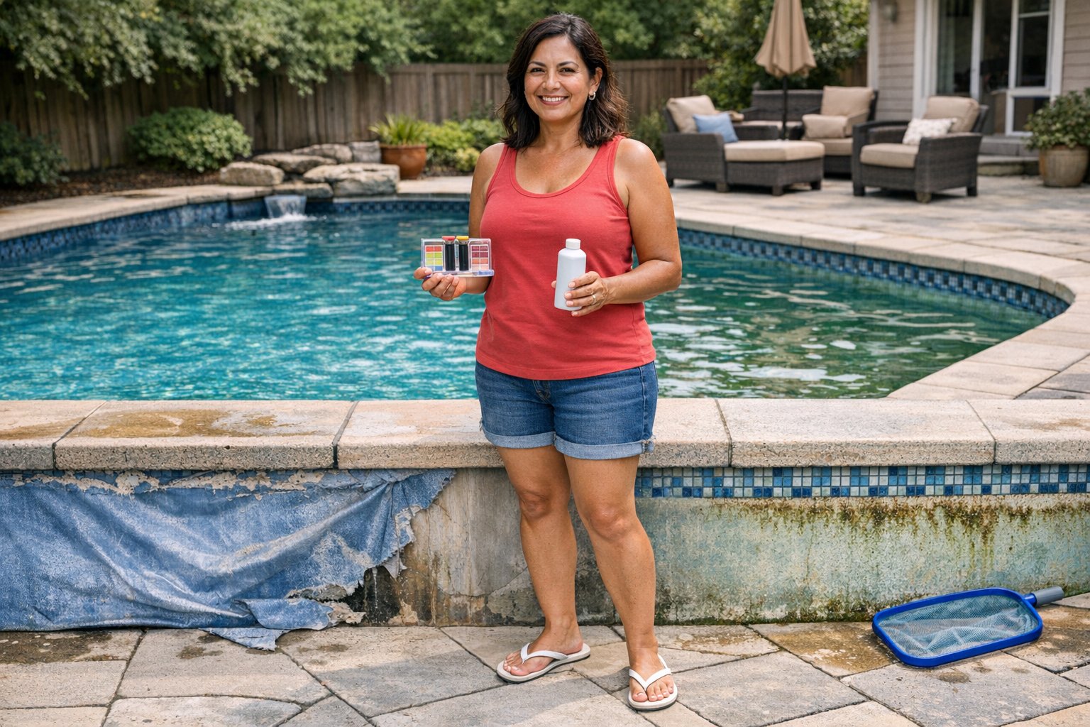 Vinyl pool liner with visible stains, fading, and wear to help compare dirt versus liner failure