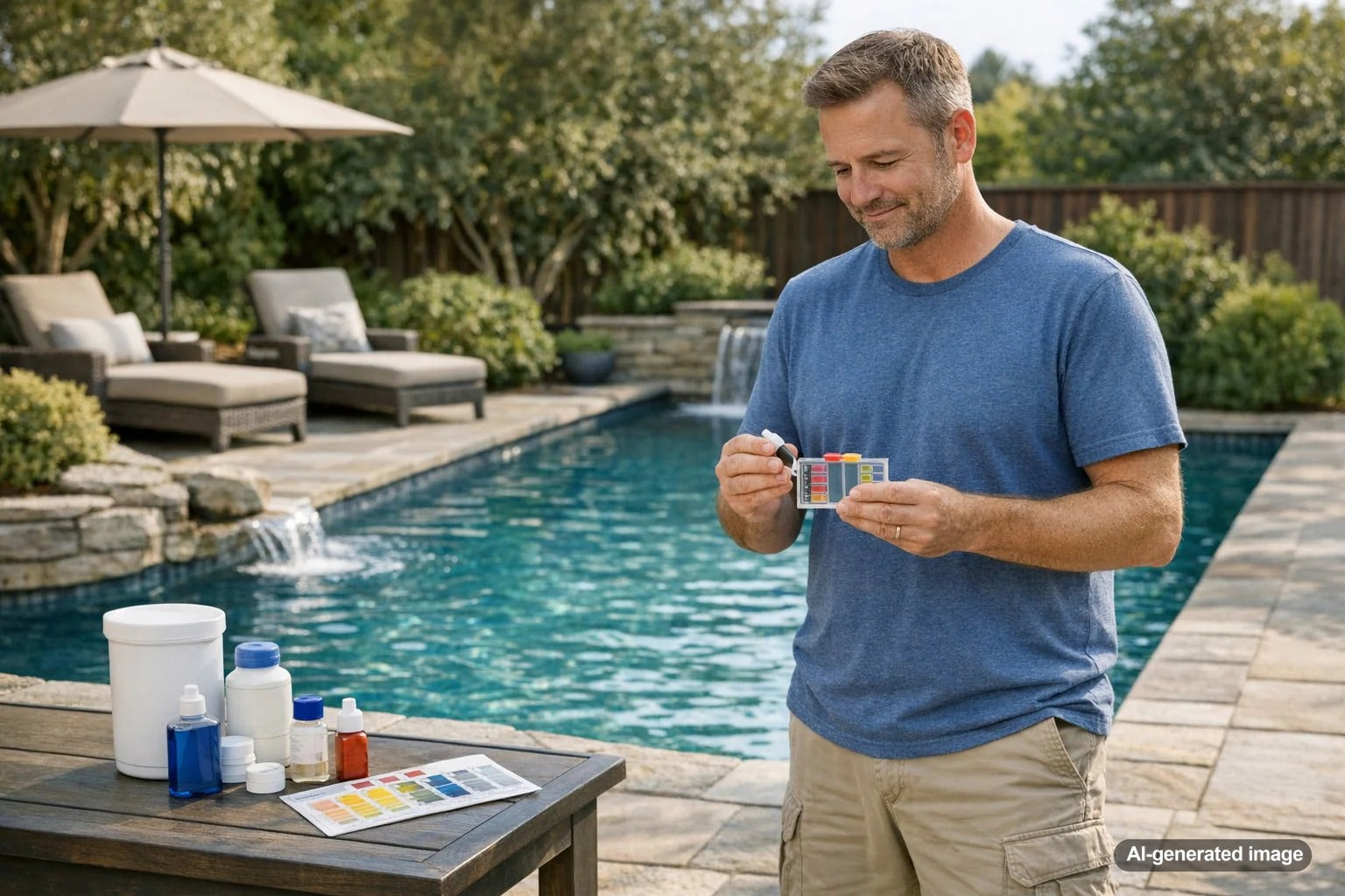 Pool water surface and cleaning supplies illustrating whether pool enzymes can reduce chemical use