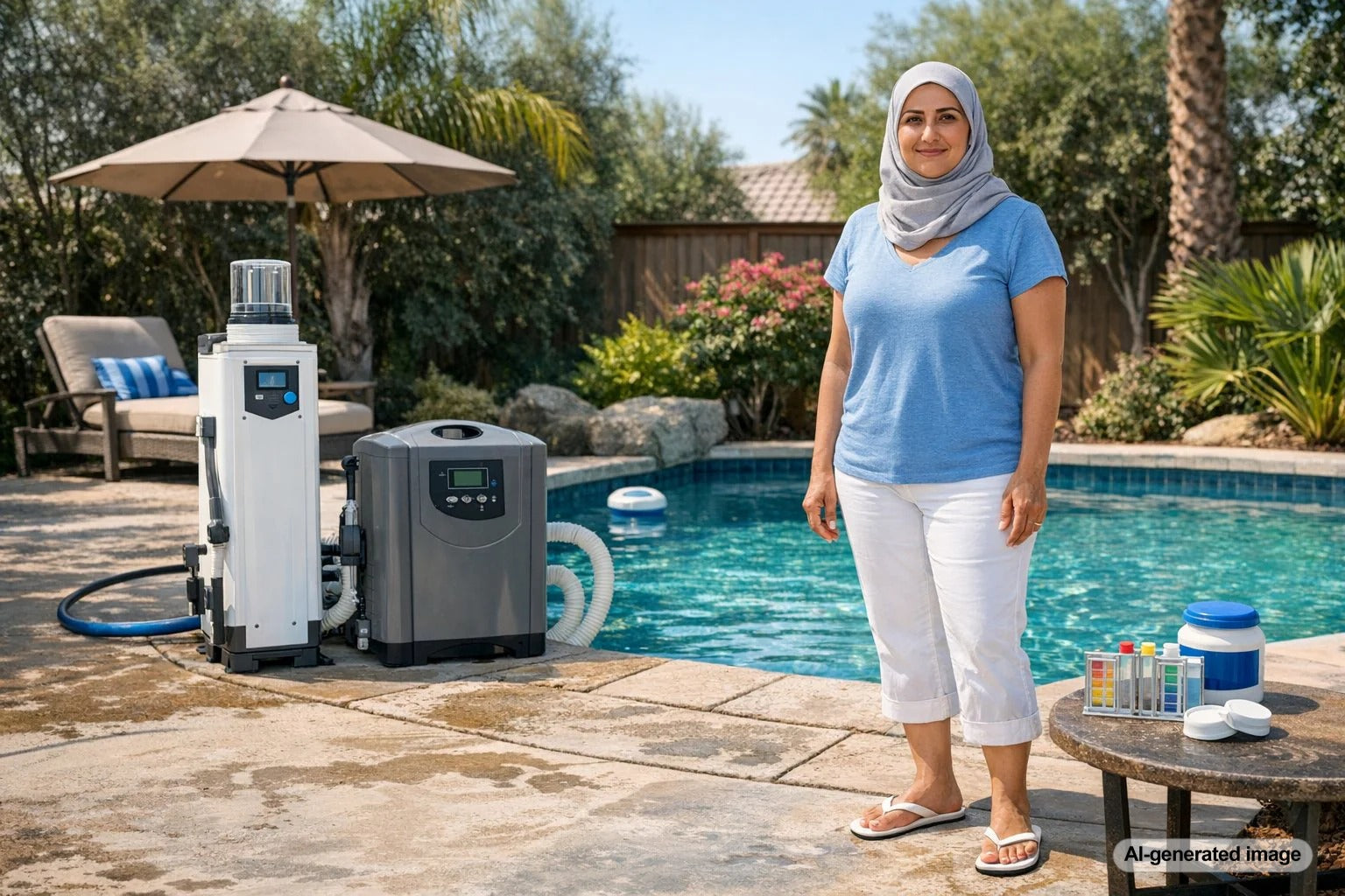 Pool equipment and clear swimming pool water illustrating UV and ozone pool sanitizer options