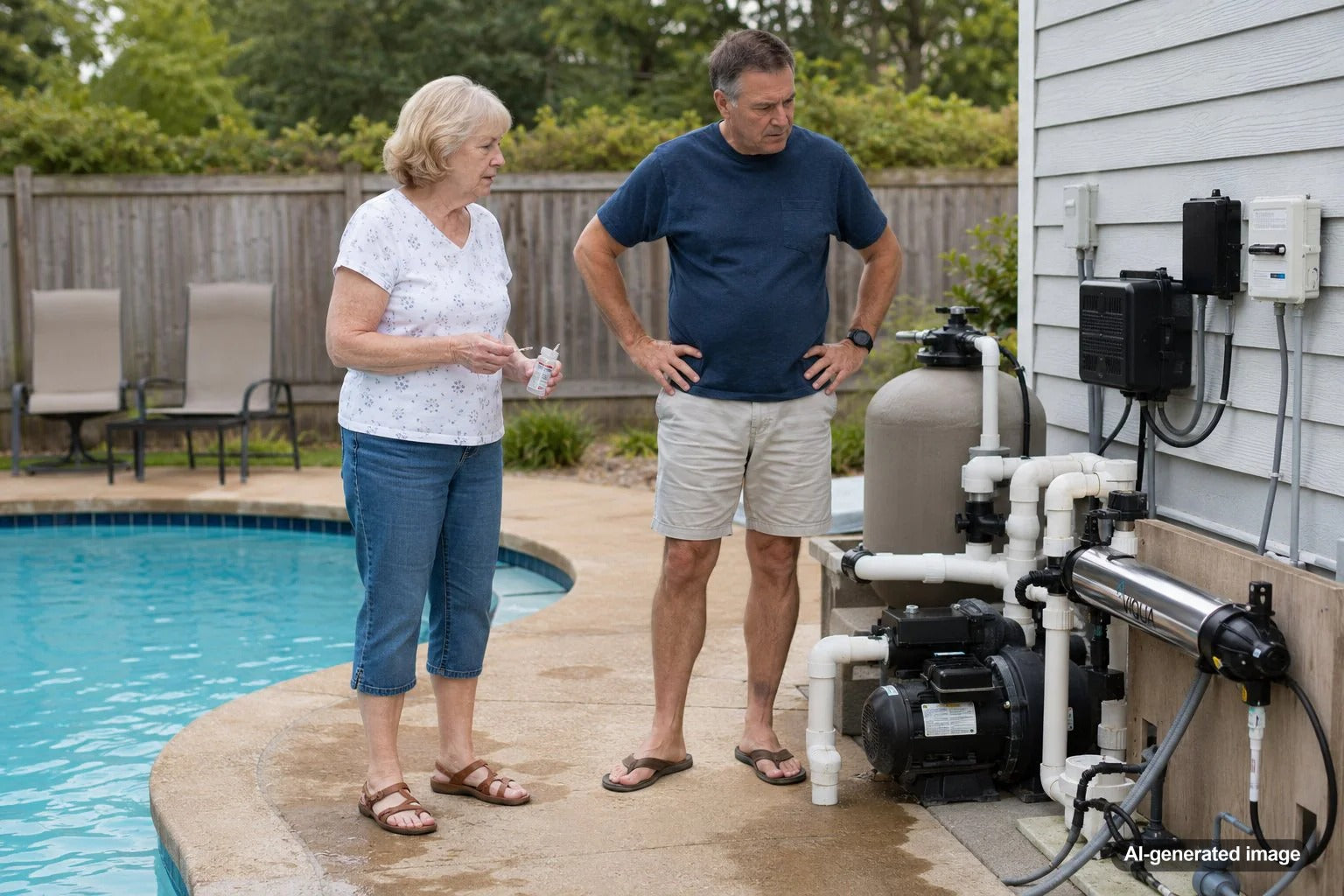 Pool owner inspecting a UV pool sanitation system that is not working near backyard pool equipment
