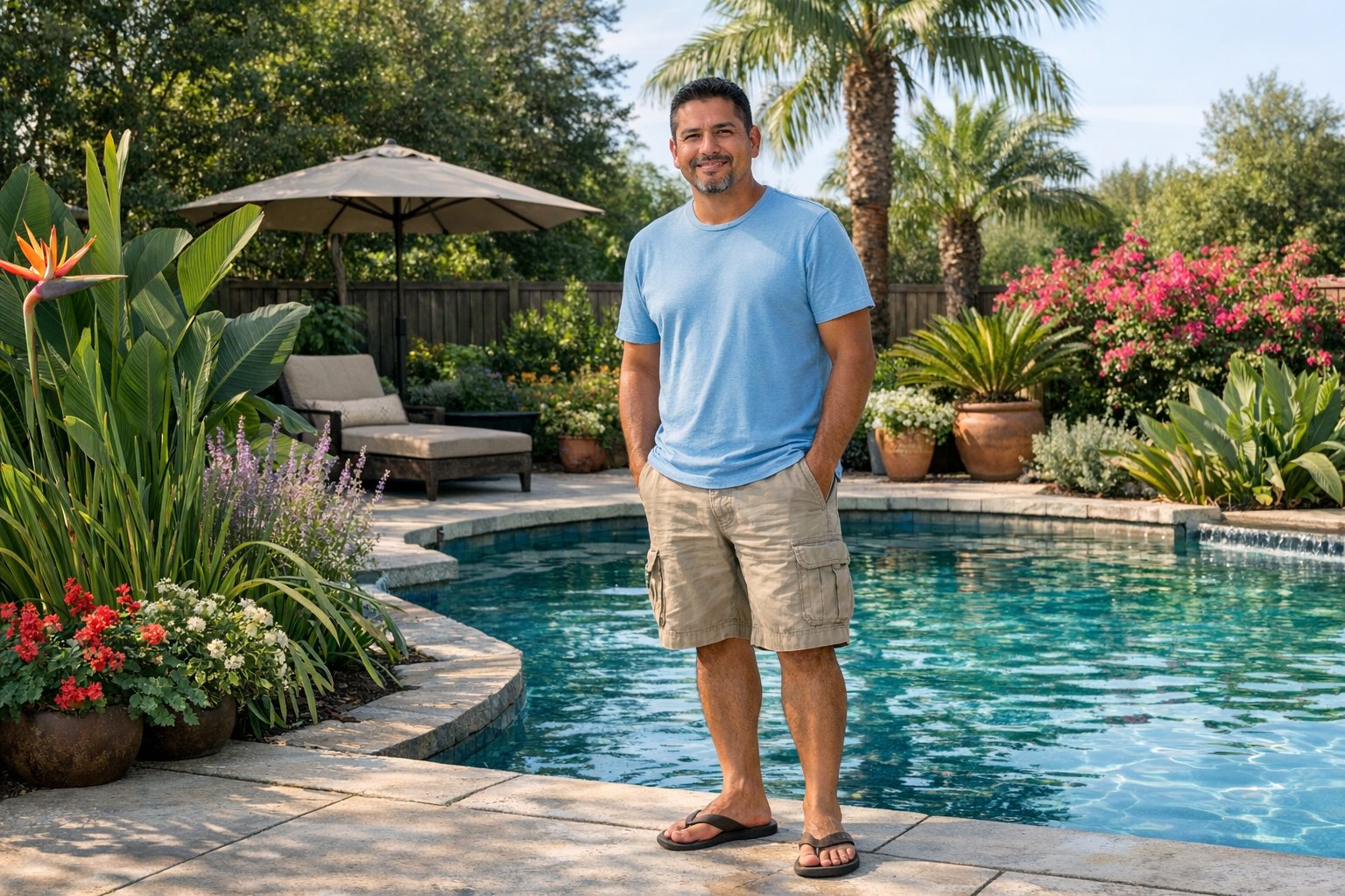 Poolside landscaping with low-maintenance plants arranged around a backyard swimming pool