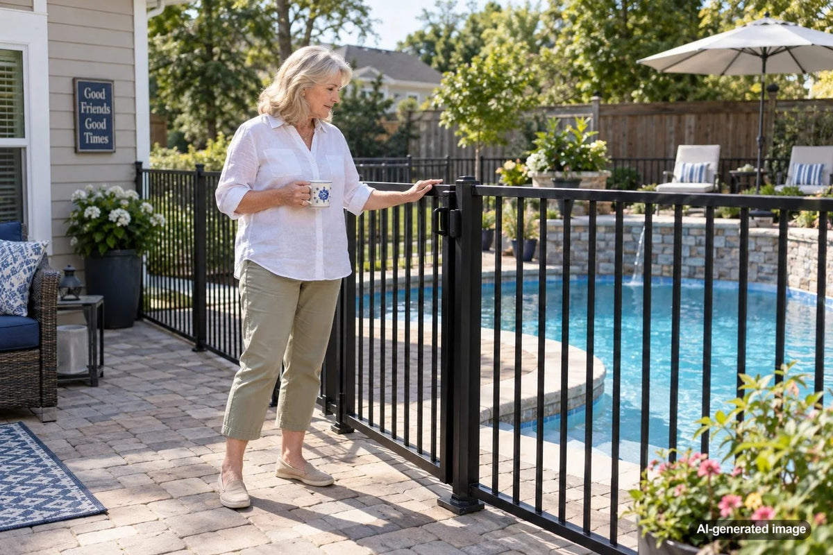 Residential swimming pool surrounded by a secure safety fence with a self-closing gate