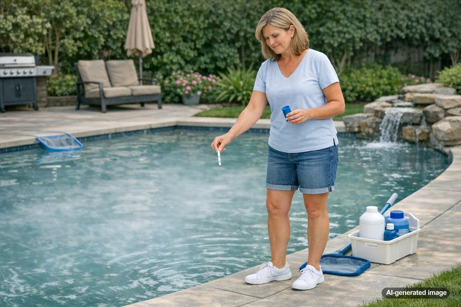 Cloudy backyard swimming pool water illustrating common causes of hazy or milky pool conditions